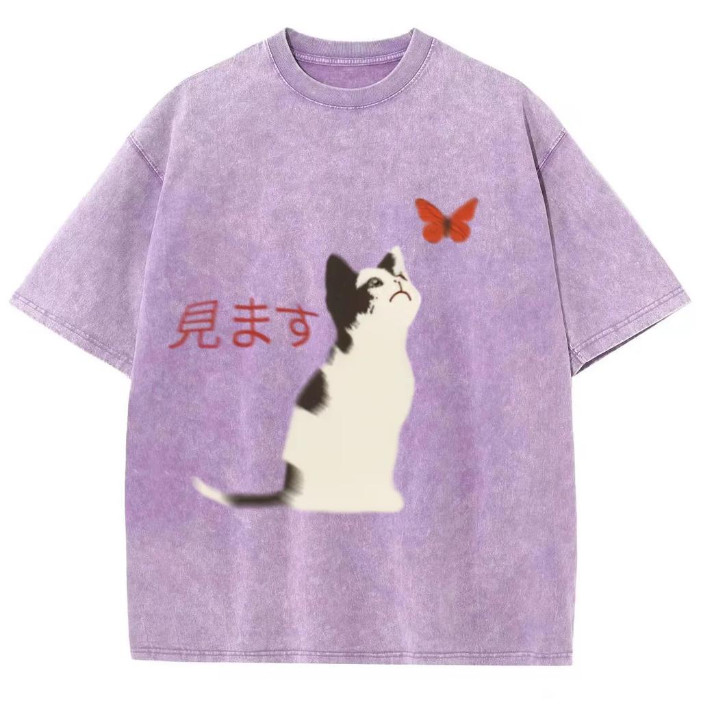 Fit Washed Oversized T-Shirt Casual Women Cotton Washed T-Shirts Summer Beach Simple Cat Print Streetwear Clothes