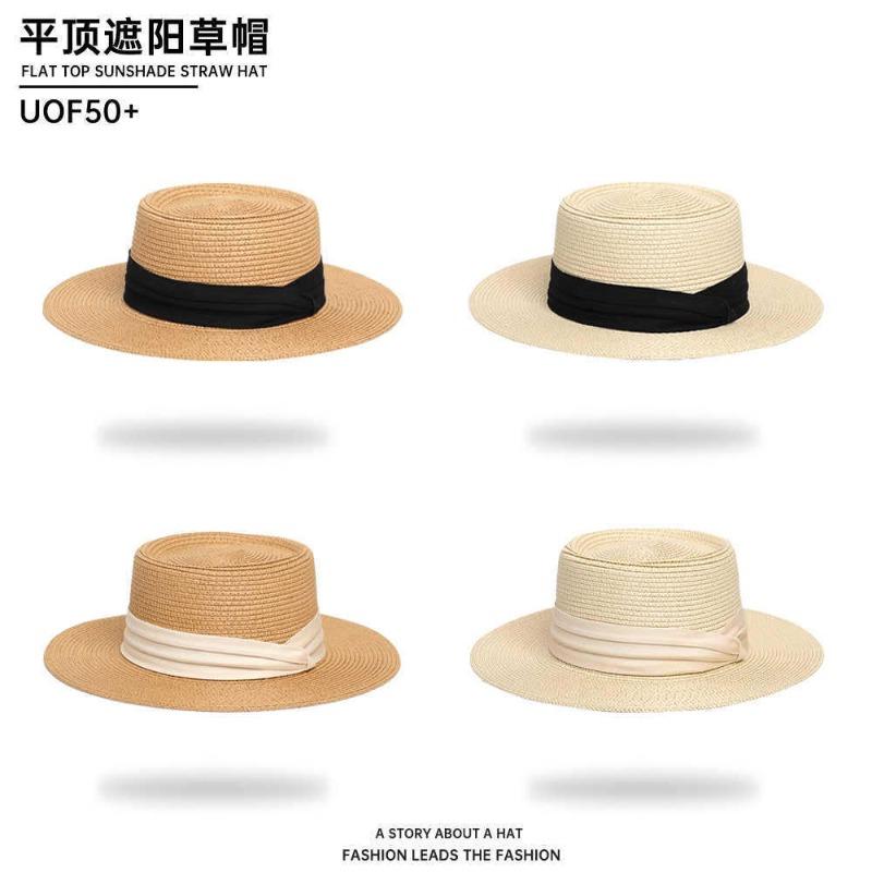 Flat top sunshade straw hat women's straw hat casual wind summer sun protection seaside vacation photo beach hat