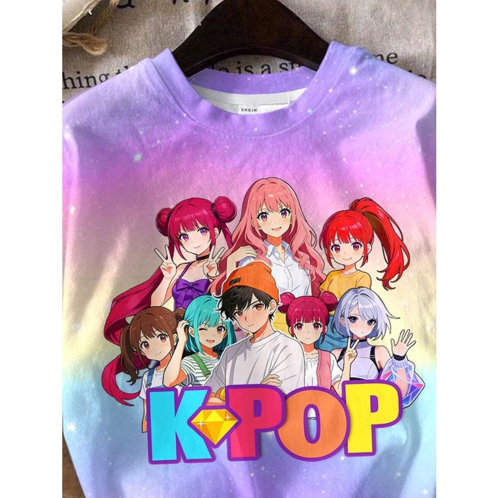 Fashion New KPOP Korean Cartoon Printed Two Piece Set Kids Tie Dyeing Rainbow Loose Breathable T-shirt Shorts Set
