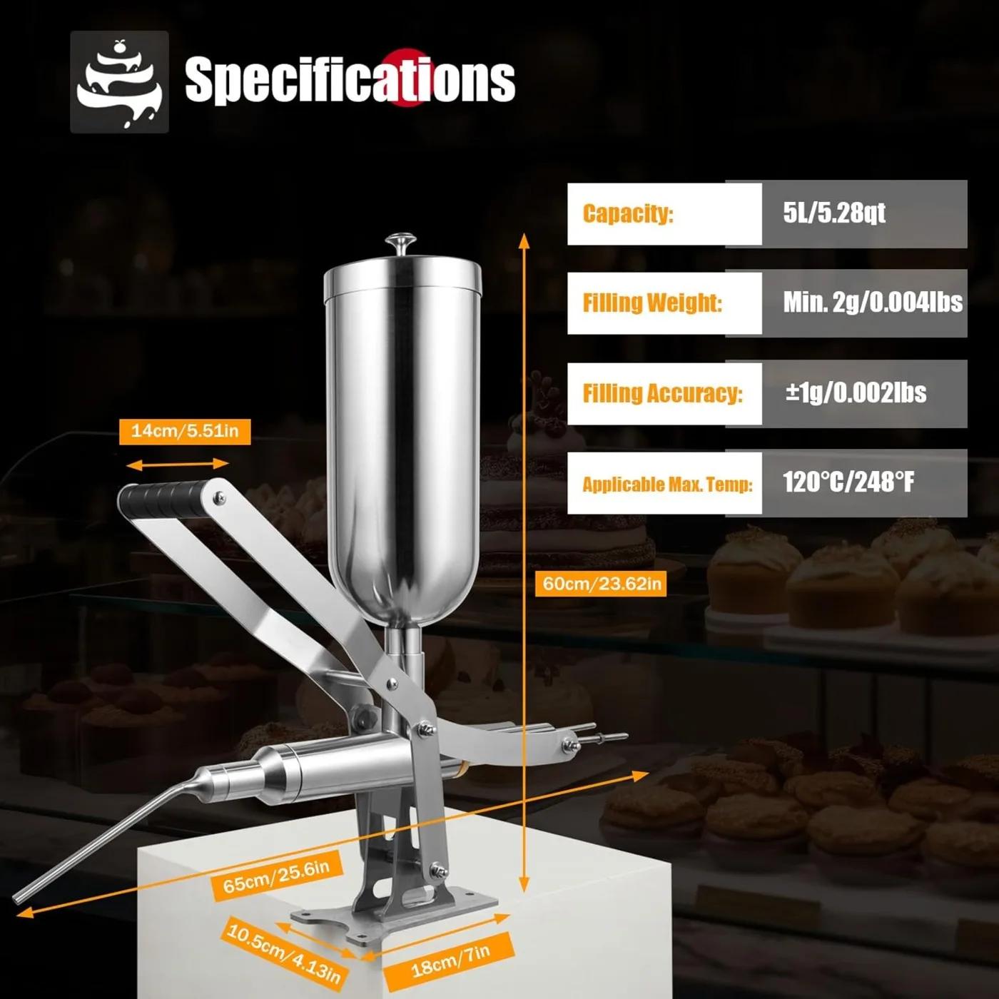 

Donut filling machine, 5-liter cream and jam filling machine, stainless steel filler, equipped with 4 anti-drip filling nozzles срібний