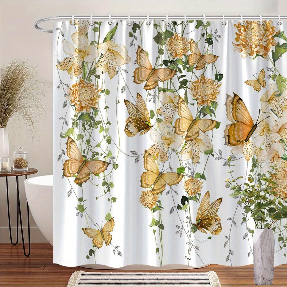 1 Yellow Butterfly and Light Yellow Flower Shower Curtain - with Green Vines, Polyester Fabric, with Hooks, Machine Washable