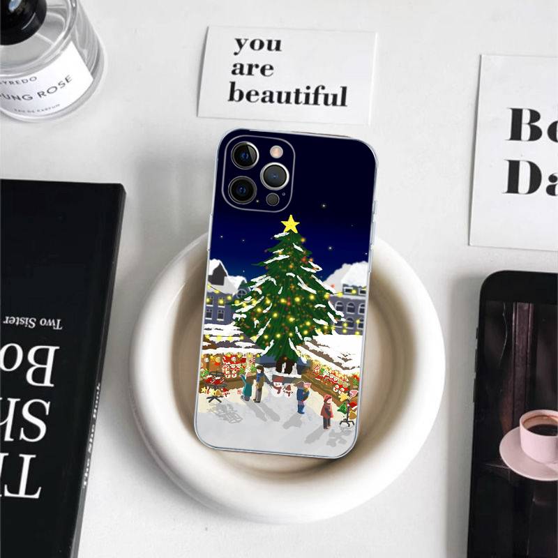 Anime Weihnachtsmann Rentier Weihnachtsbaum Handyhülle für iPhone 11 12 13 14 15 16 17 Pro Max Plus Transparente Rückseite