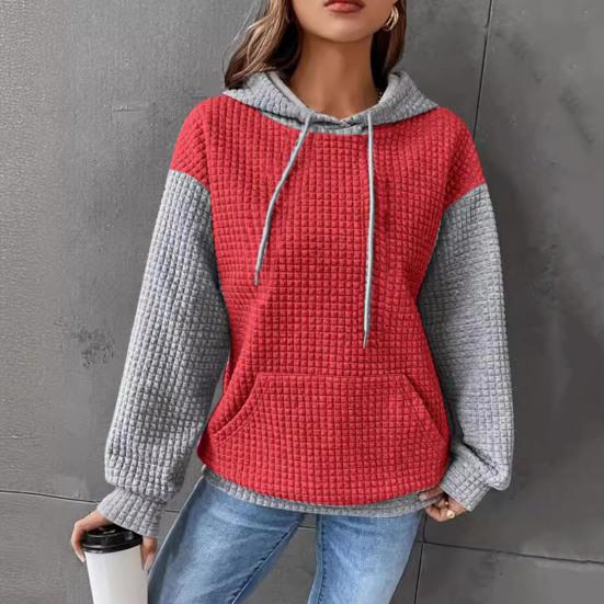 Fall Winter Women Hoodie Color Matching Drawstring Hooded Waffle Texture Long Sleeveless Big Pocket Loose Pullover Loose Pullover Daily Top