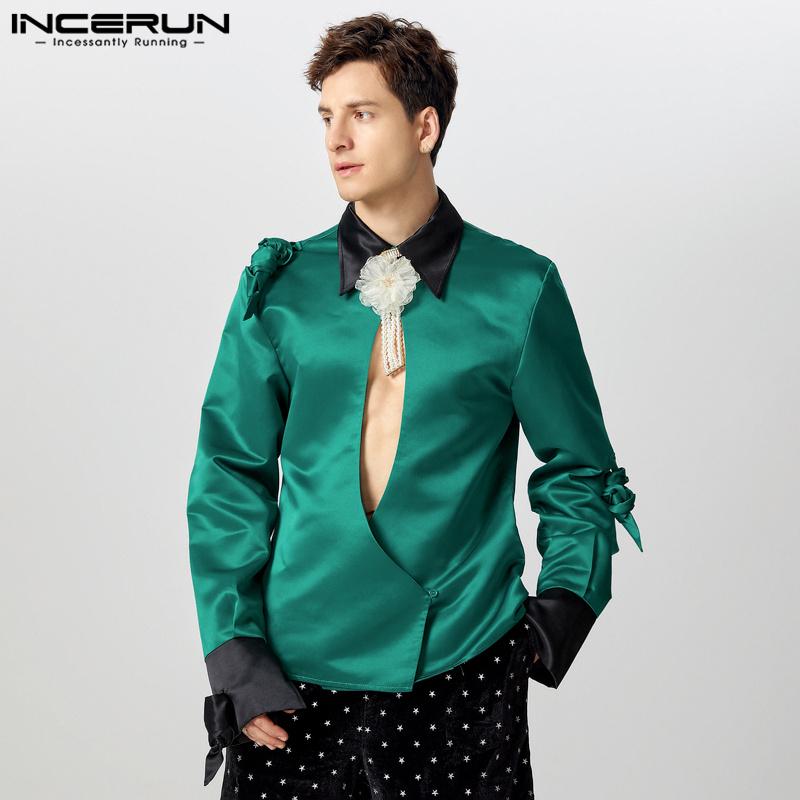 INCERUN Men Lapel Neck Long Sleeve Satin Shirts Solid Color Bandage Hollow Front Cross Tops