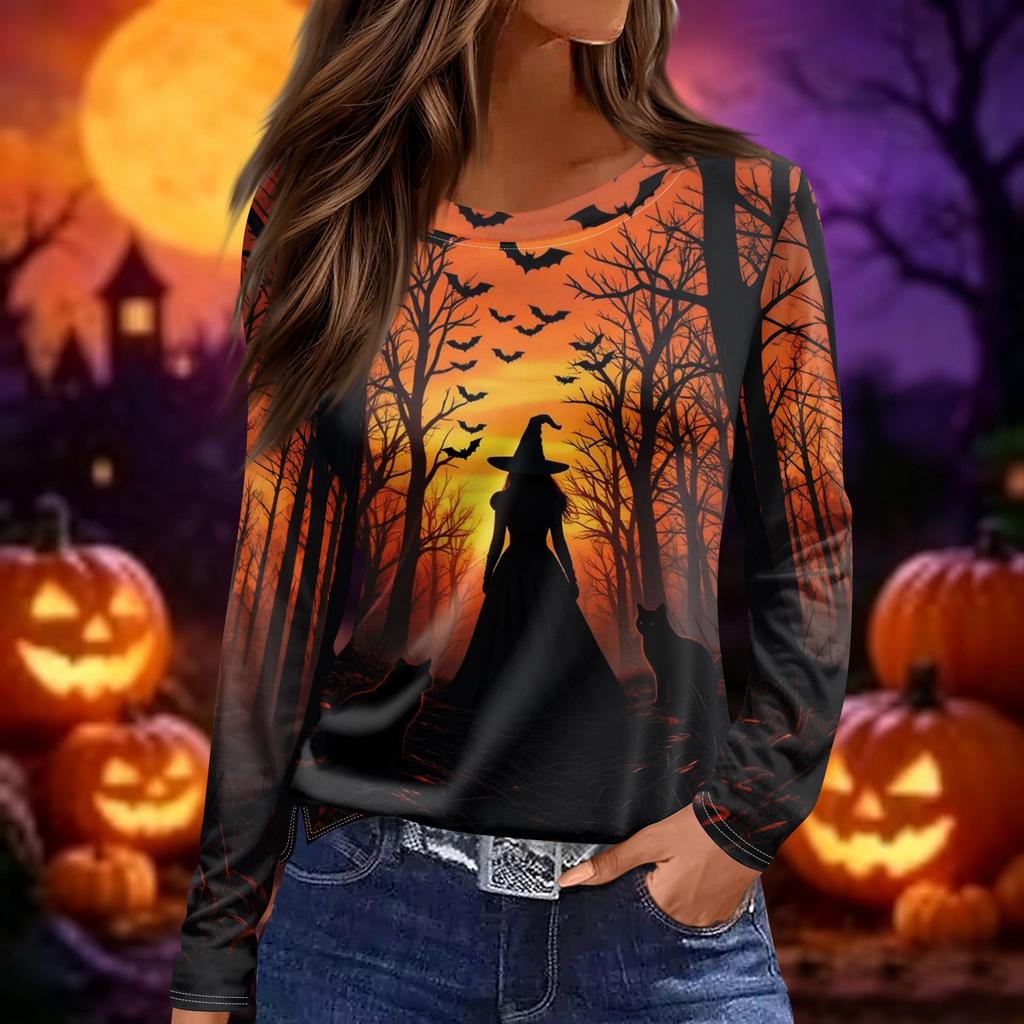 Women's Long Sleeve Round Neck Halloween Print Tunic Top for Parties and Everyday Wear