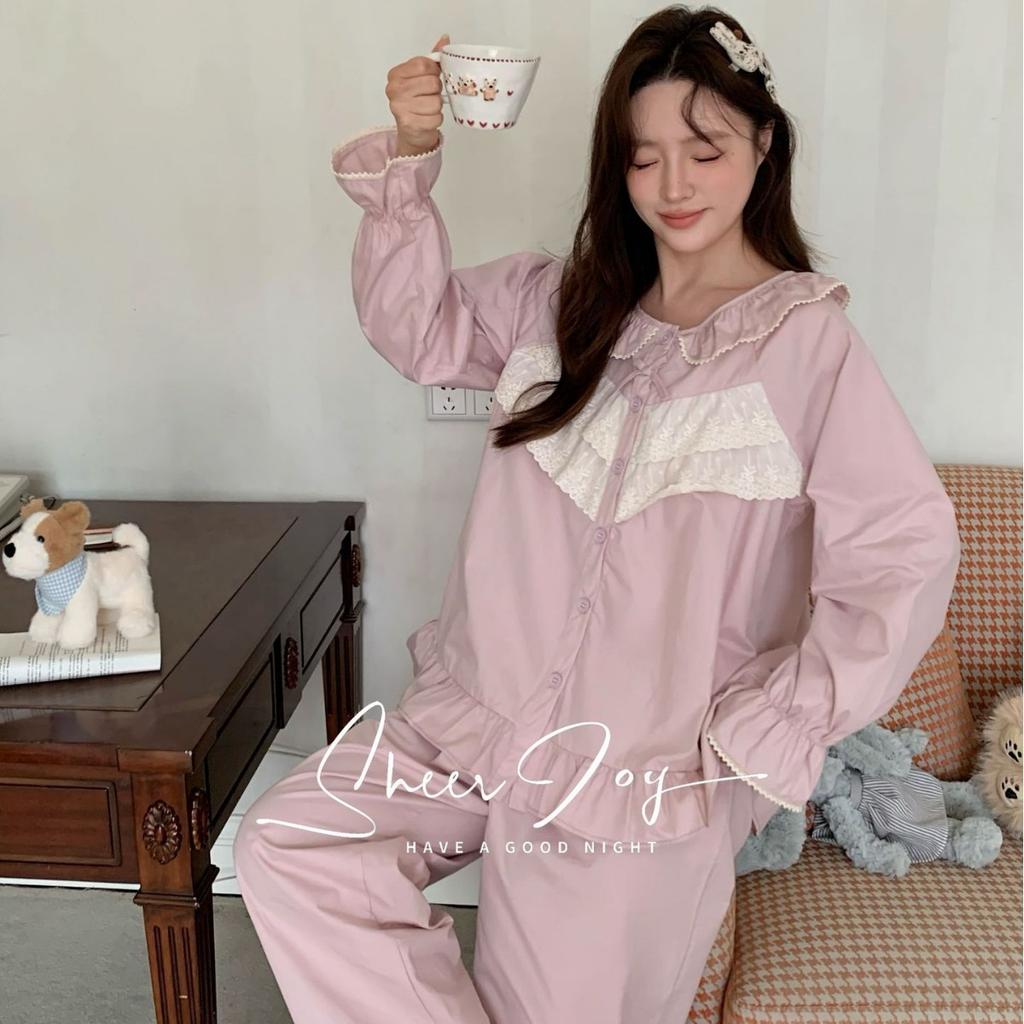 Pure cotton loose and cute long-sleeved trousers lace bow going out spring loungewear suit misty rain sweet dream