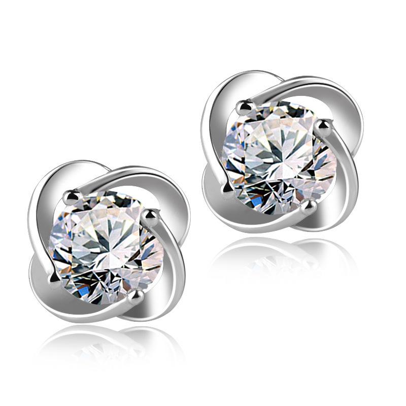 Zhenrong Korean-Style Sparkling Four-Leaf Clover Stud Earrings, Silver-Plated Jewelry, Hypoallergenic White Gold Finish