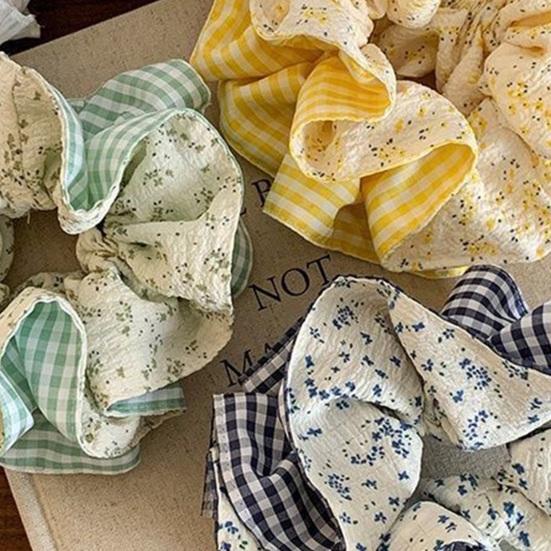 Hair Tie French Style Large Widened Size Hair Rope Plaid Floral Print Ponytail