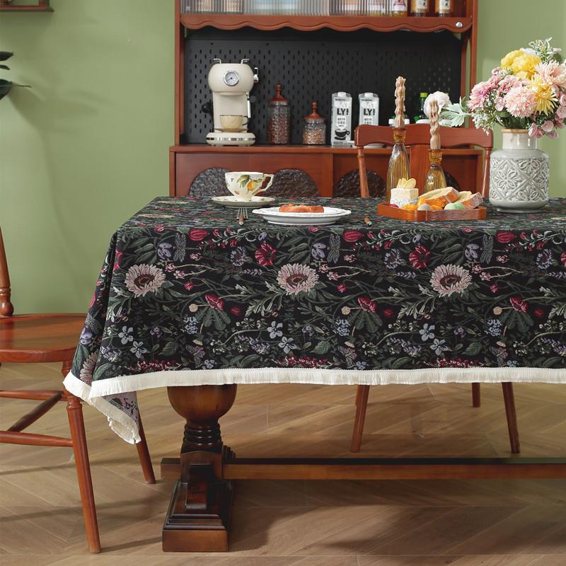 Retro Polyester Cotton Color Woven Jacquard Plant Fan-Shaped Flower Fringed Tablecloth Rectangular Coffee Table Tablecloth Dining Table Cloth