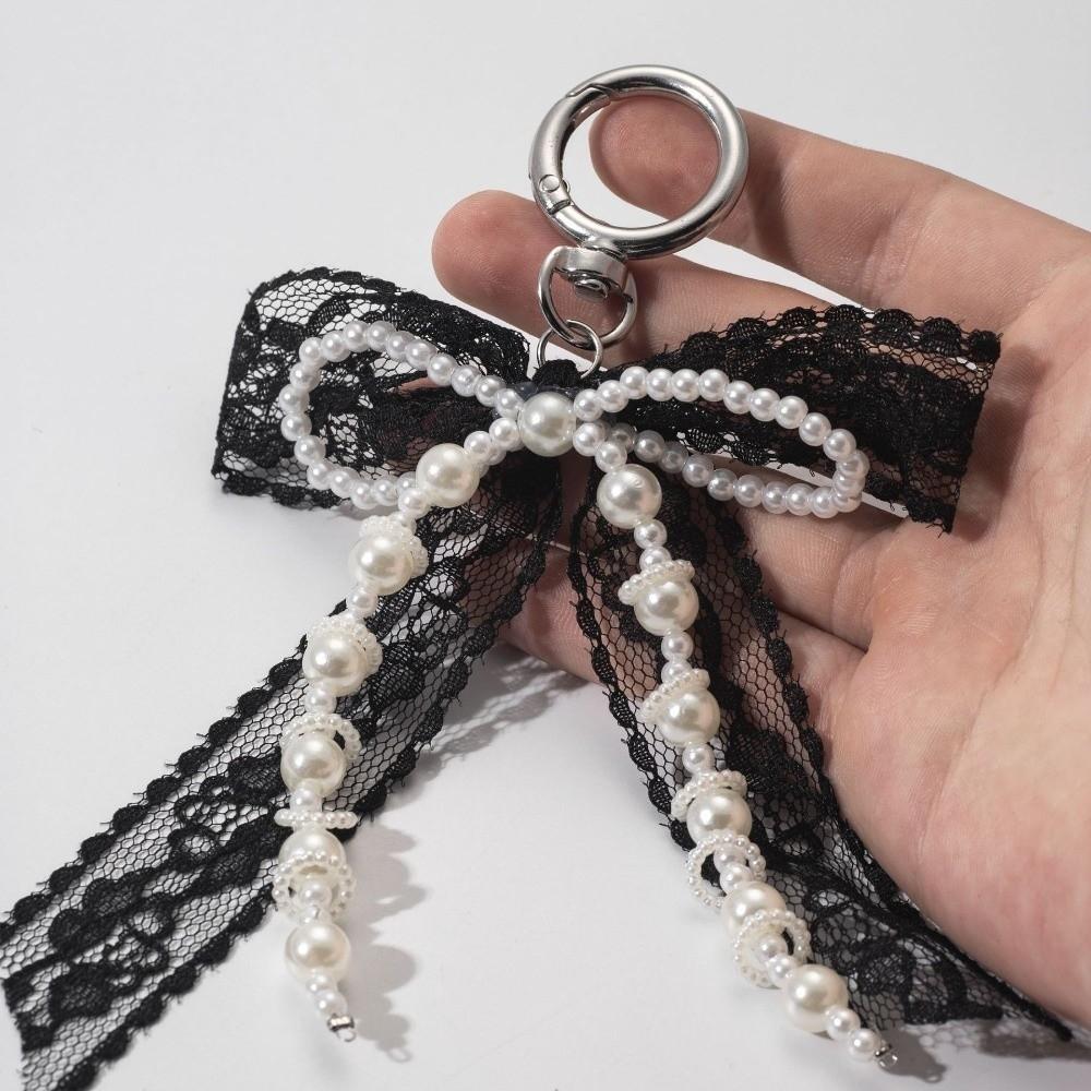 Pearl Beaded Bow Ribbon Keychain Y2K Bag Charm Sweet Lace Bow Keychain  Phone Decoration
