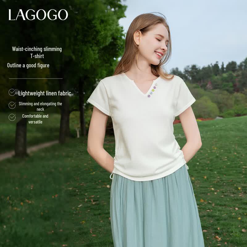 LAGOGO Women s Dopamine Button Knit V-Neck Top M