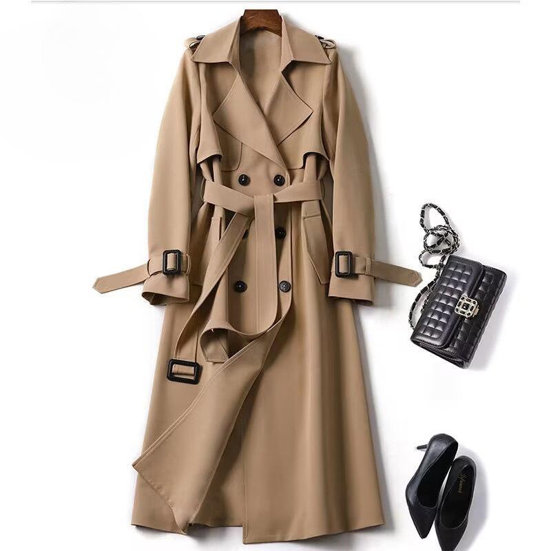 Long Trench Coat Women Lace Up Button Coats Full Sleeve Turn Down Collar Splice Jackets Solid Pockets Office Streetwear