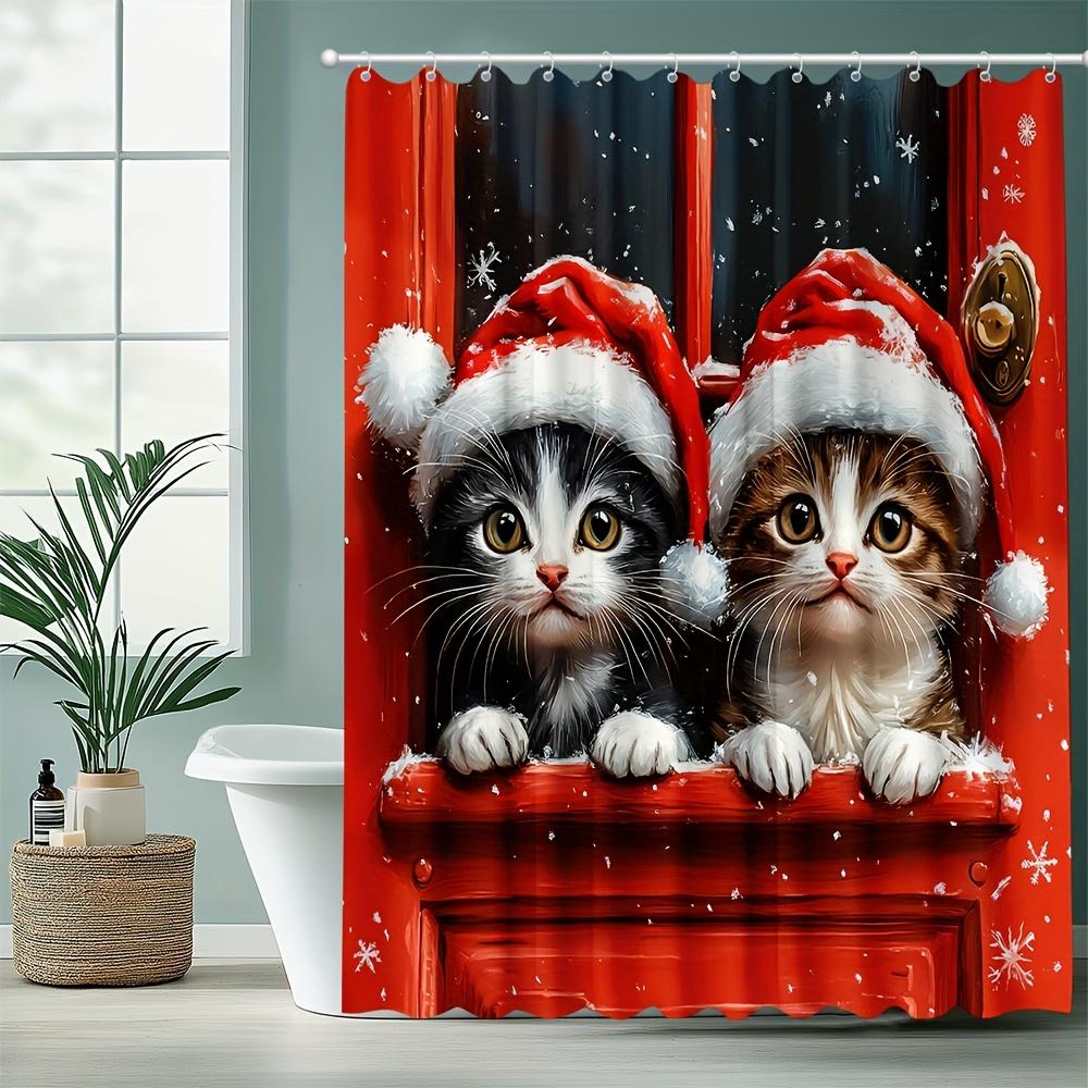 Cute Cats In Santa Hats Shower Curtain - Red Window Scene, Snowy Night & Festive Pet Art For Cozy Bathroom Decor W60H190(CM)-1 Pcs