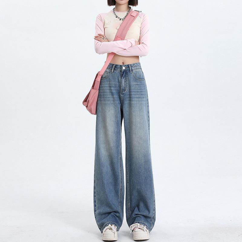 Black and gray high-waisted wide-leg jeans for women's spring, new loose and thin straight extended pants