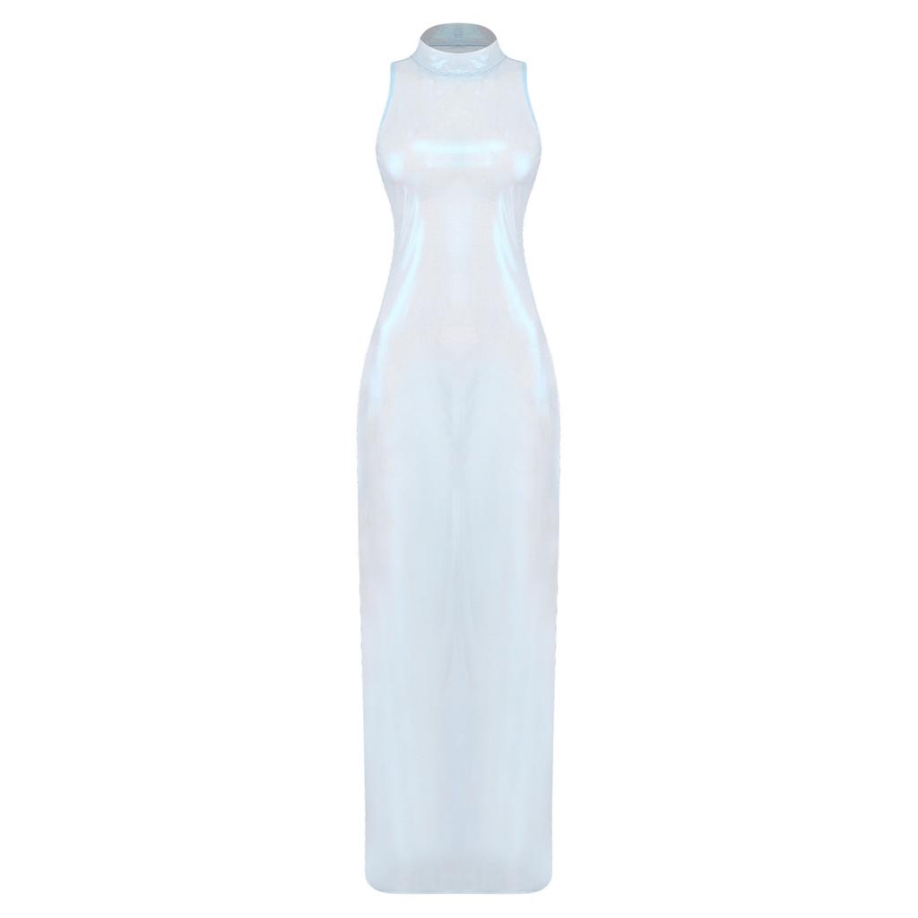 Womens Iridescent Metallic See Through Maxi Dress Mock Neck Sleeveless Bodycon Sheer Pencil Dress