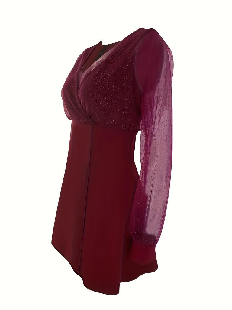 2025 Elegant V-Neck Mesh Patchwork Long Sleeve Dress - Women's Fashion Europe & America