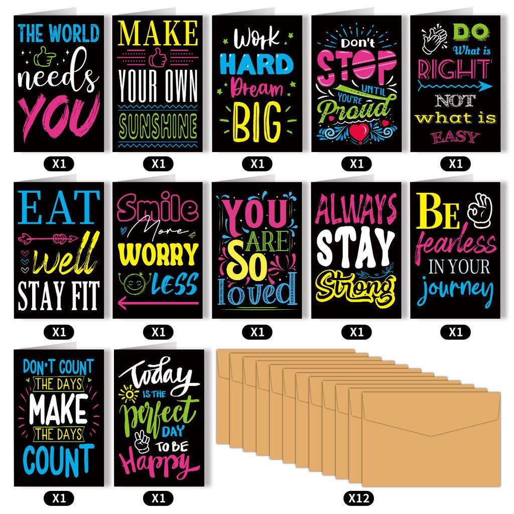 12Pcs Watercolor Doodle Inspirational Greeting Cards Set with Envelopes, Motivational Thank You Card, Encouragement Postcard