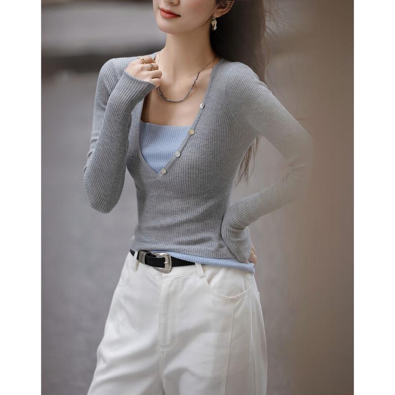 Women's Slim Fit Faux Two-Piece Wool Blend Colorblock Knit Top