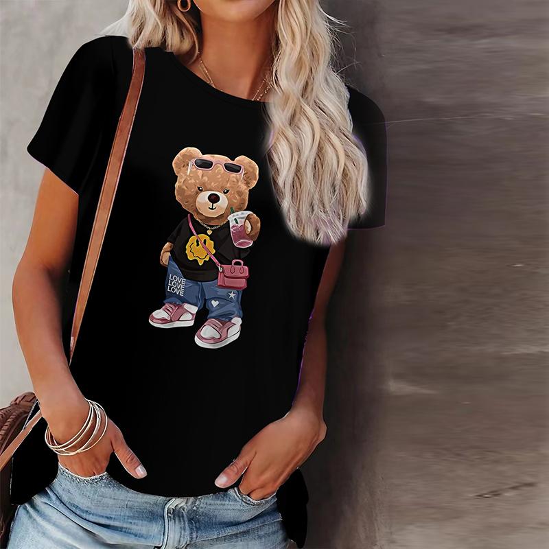 

Женская летняя футболка с шерстяным медвежьим принтом и короткими рукавами, повседневные топы с принтом M чёрный
