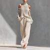 Off-Shoulder High Neck Knit Sweater and Wide Leg Pants Set In Beige