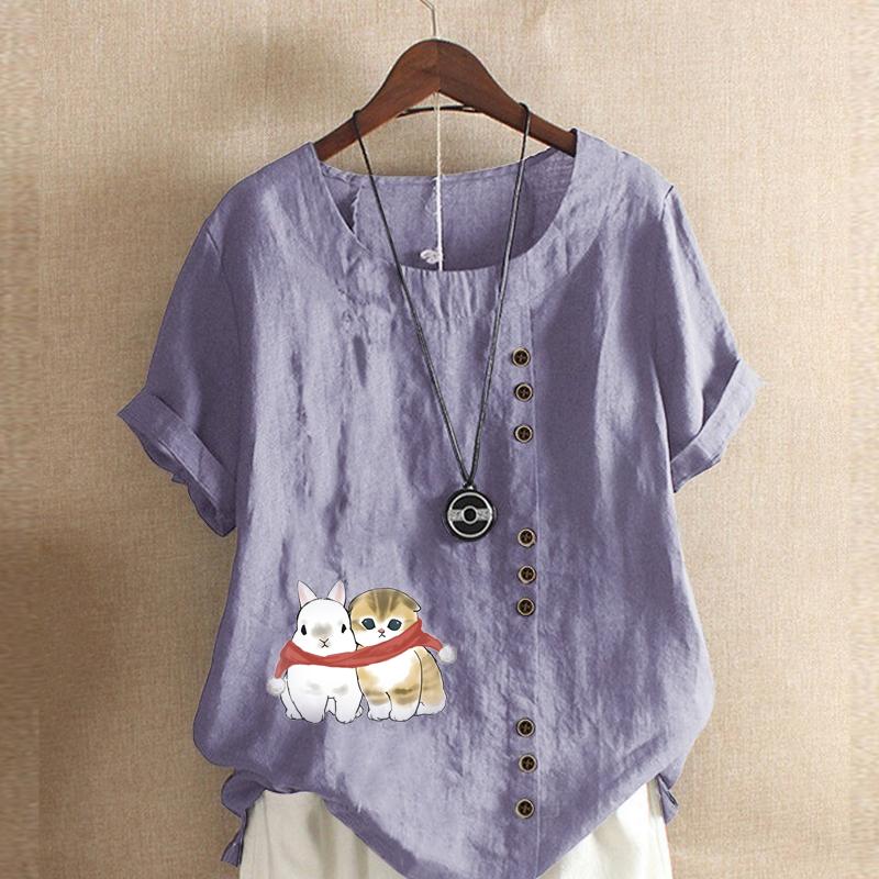 Damenmode Katzen und Kaninchen bedrucktes Rundhals Kurzarm T-Shirt Lässig Baumwolle Leinen Grafik Shirt Freizeit Locker Sommer Bluse Tops