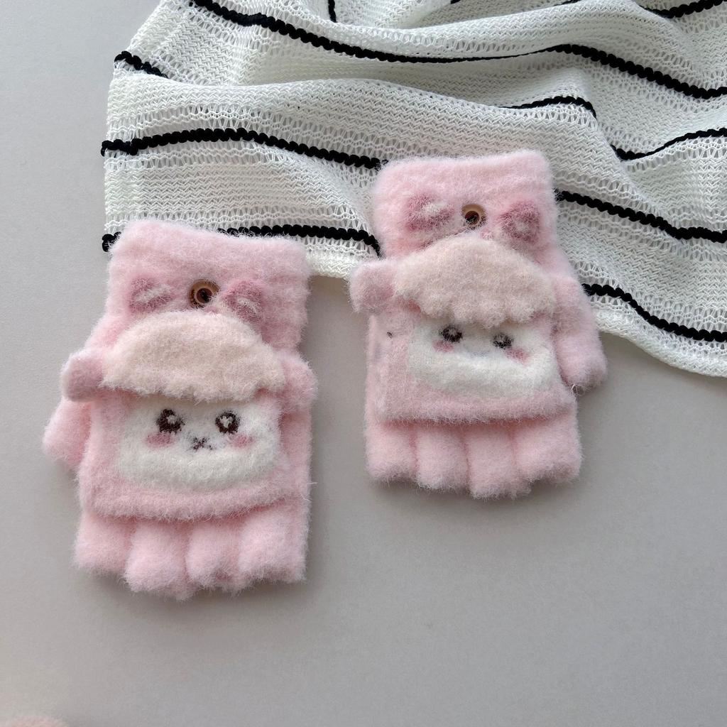 Dziecięce dzianinowe rękawiczki z klapką dla kobiet jesienno-zimowe z odkrytymi palcami, urocze, kręcone, pluszowe, ciepłe rękawiczki studenckie