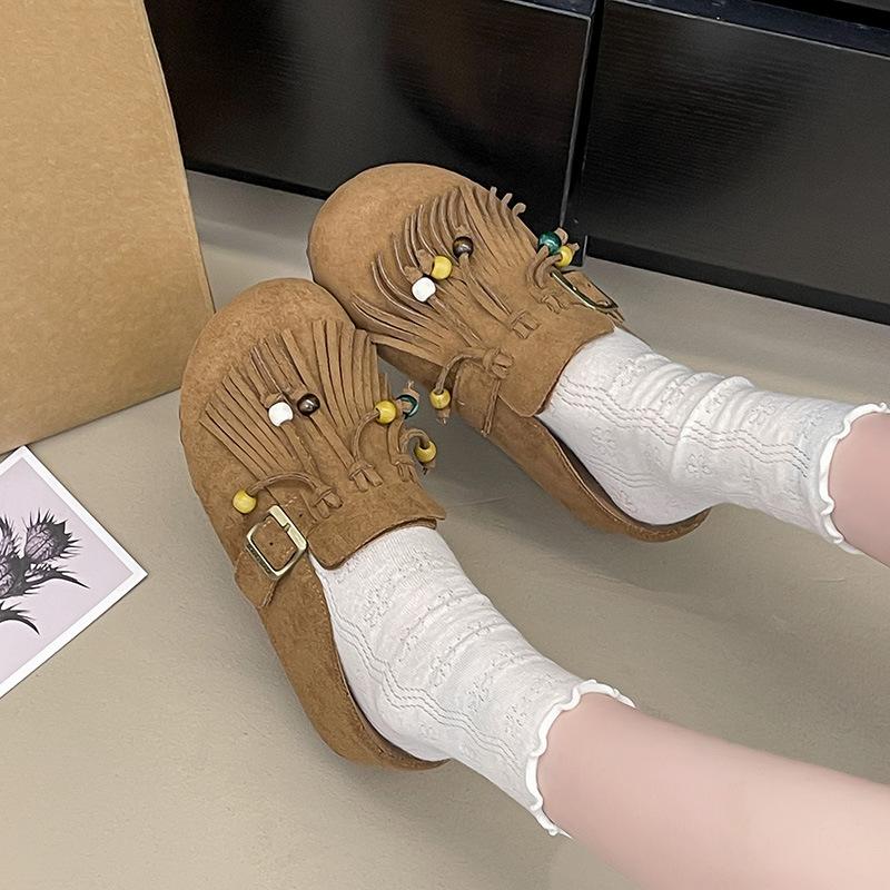 2025 autumn new tassel beaded matte leather flat-bottomed slippers women's casual shoes belt buckle inner heightening bag head drag