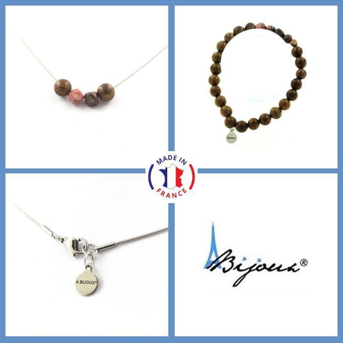 Pierres et Minéraux. Parure Bracelet Collier Rhodochrosite du Brésil + Perles bois 8 mm. Taille personnalisable.