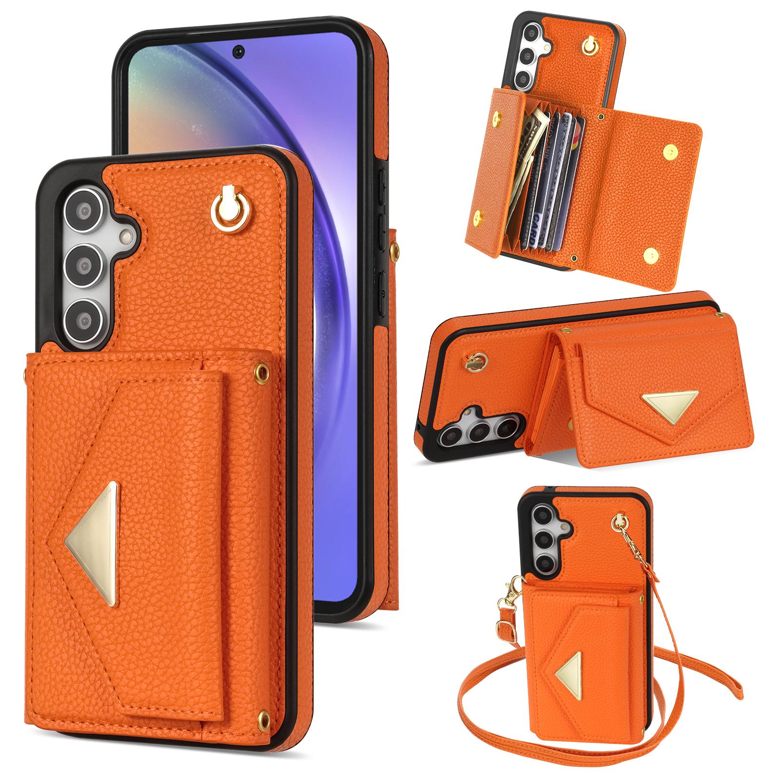 

For Samsung Galaxy S25 Case Card Slots PU+TPU Cell Phone Cover with Long Strap Orange
