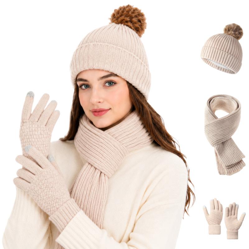 3Pcs Set Winter Hat Scarf Touchscreen Gloves Unisex Knitted Warm Beanie Neck Warmer Gloves Set For Autumn Winter Outdoor Daily Wear