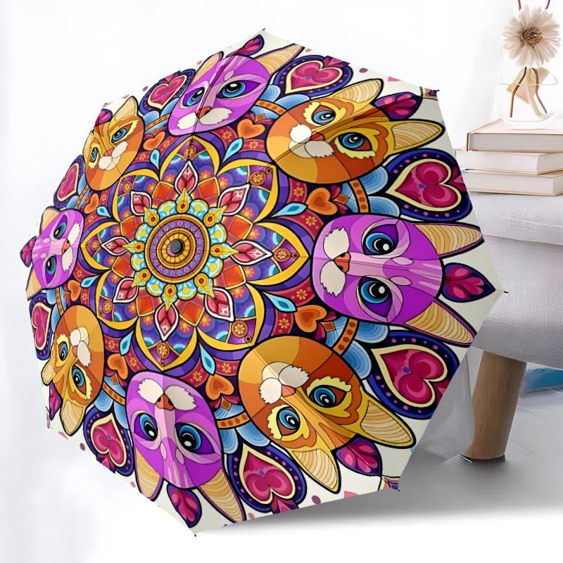 1pc Colorful Cats Mandala Automatic Open/close Folding Umbrella, Compact Portable Travel Umbrella, Perfect Birthday/Christmas, Cute Umbrella