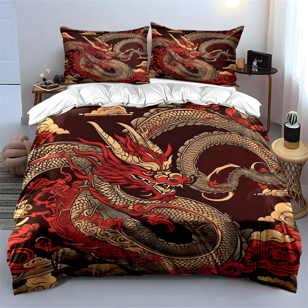 Chinese-style red dragon clouds Bedding Set for Kids Luxury Gift 3pcs Digital Print Comforter Set Soft Comfortable Breathable