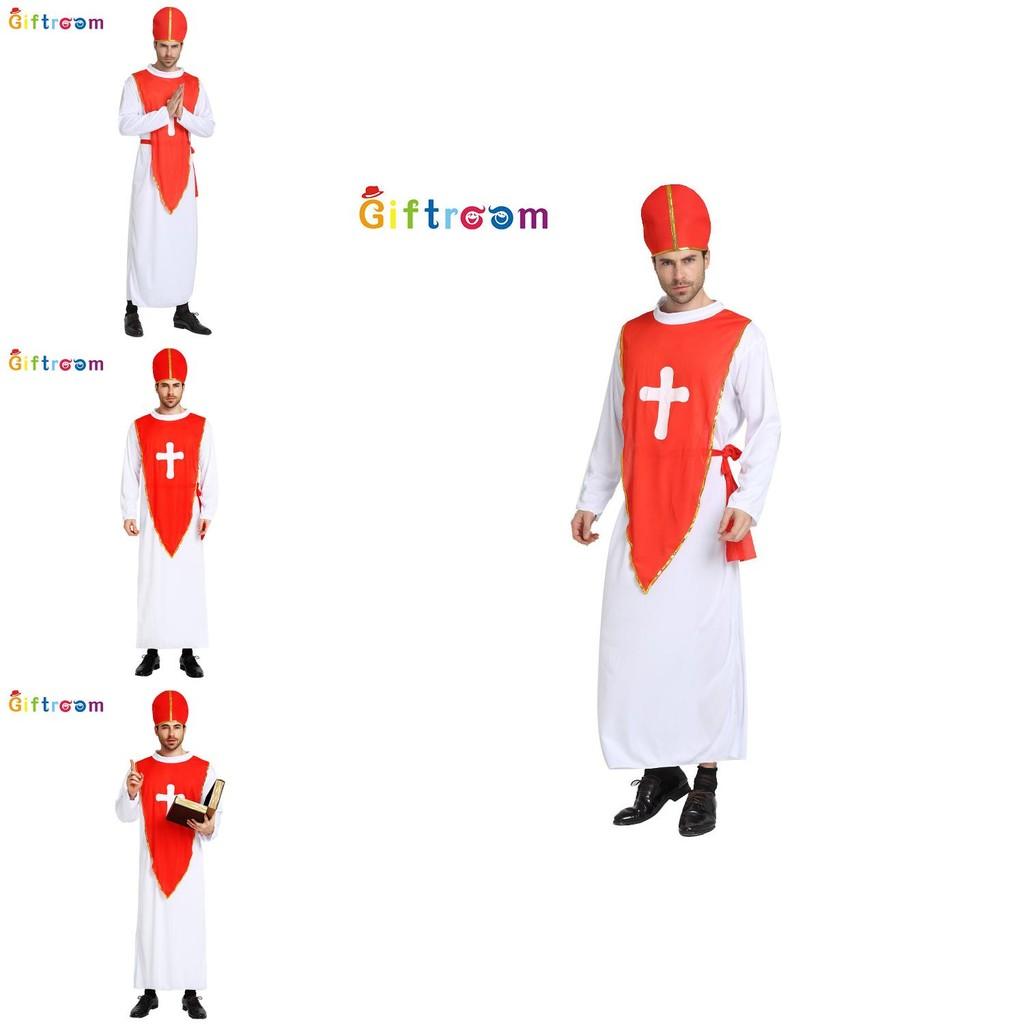 Halloween Themed Party Costume For Men Featuring Creepy Red Cross Priest Design