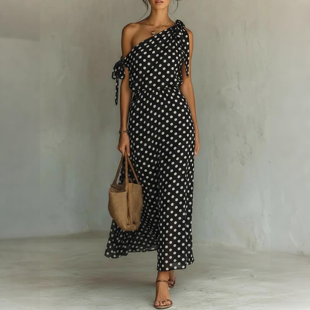 Robe longue décontractée ample à pois pour femme, une épaule, sans manches, avec détail de lien et taille élastique pour l'été