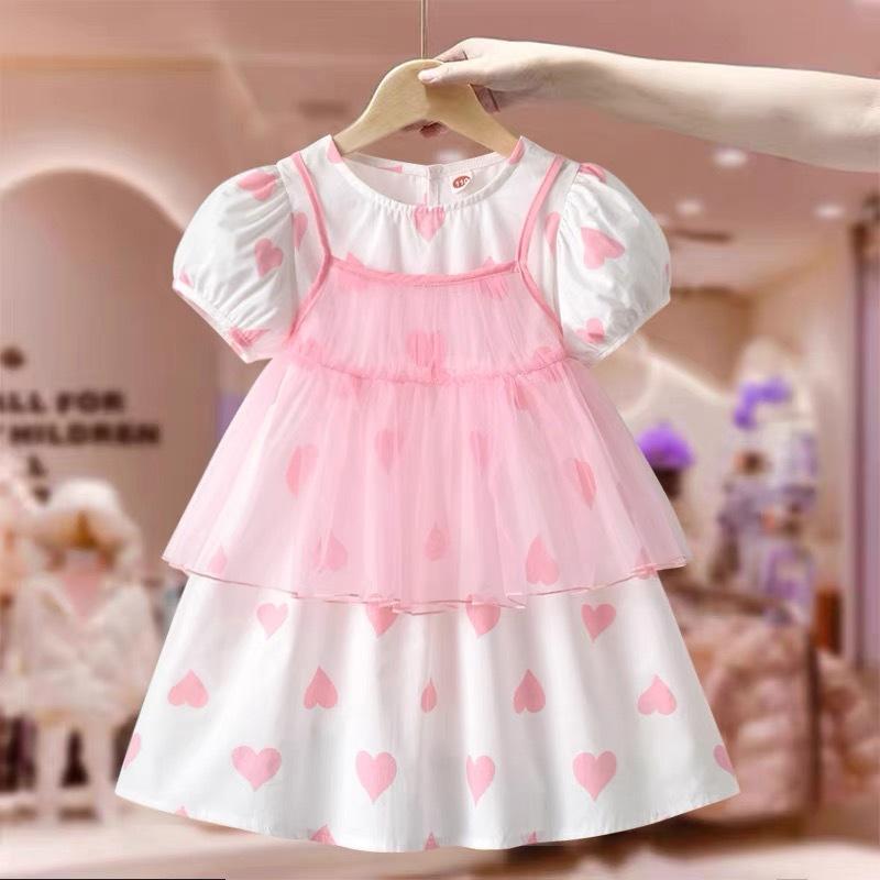 Girls Summer Cotton Mesh Princess Dress 2 Piece Set Kids Casual Short Sleeve Party Dress For Children 110cm