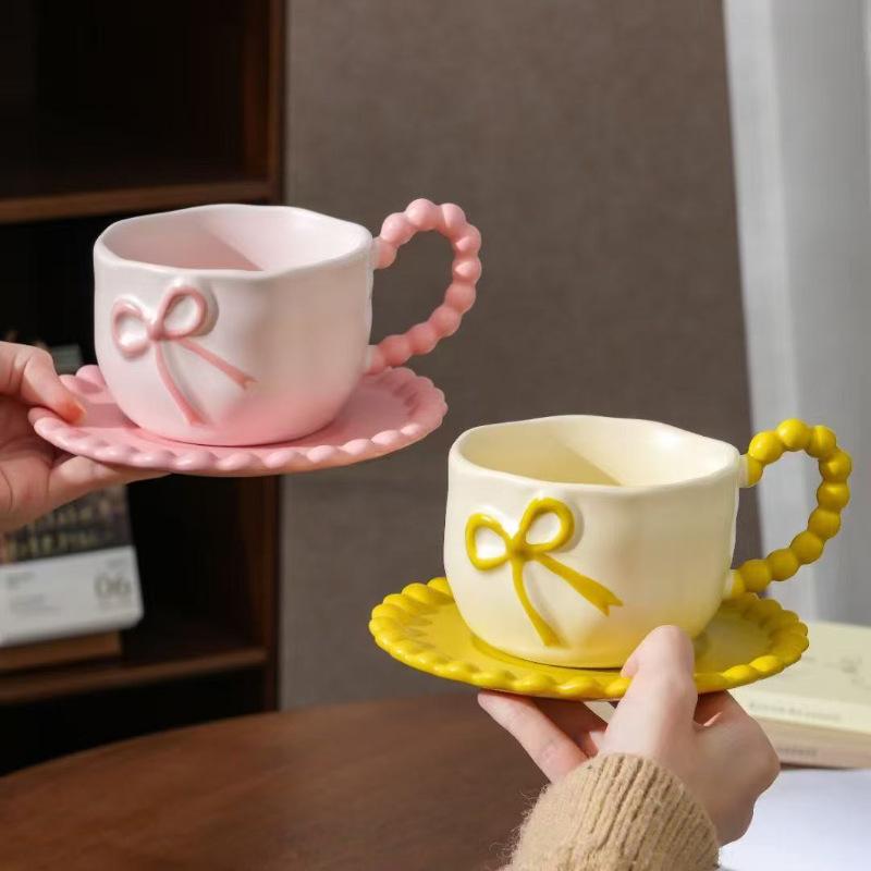 Underglaze Color Hand Painted High Value Bow Ceramic Coffee Cup and Saucer Couple Gift Cup and Saucer