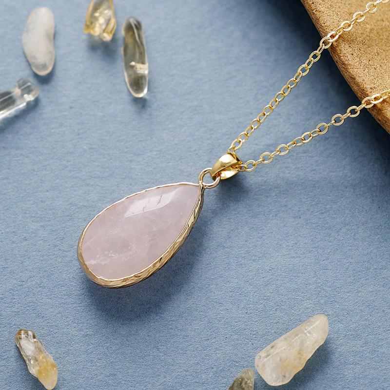 Hot Selling Simple Natural Stone Crystal Water Drop Pendant Copper Plated Real Gold Necklace Daily Jewelry