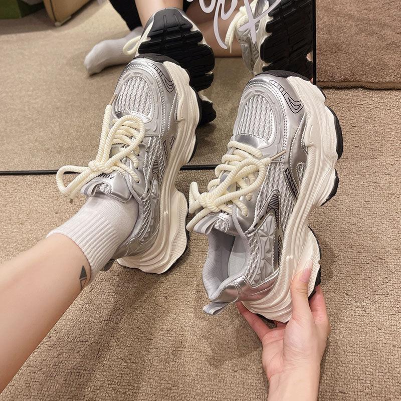 Fried Street Platform Dad Shoes Women's Height Increase Versatile Casual Shoes New Spring and Autumn Breathable Silver Sneakers