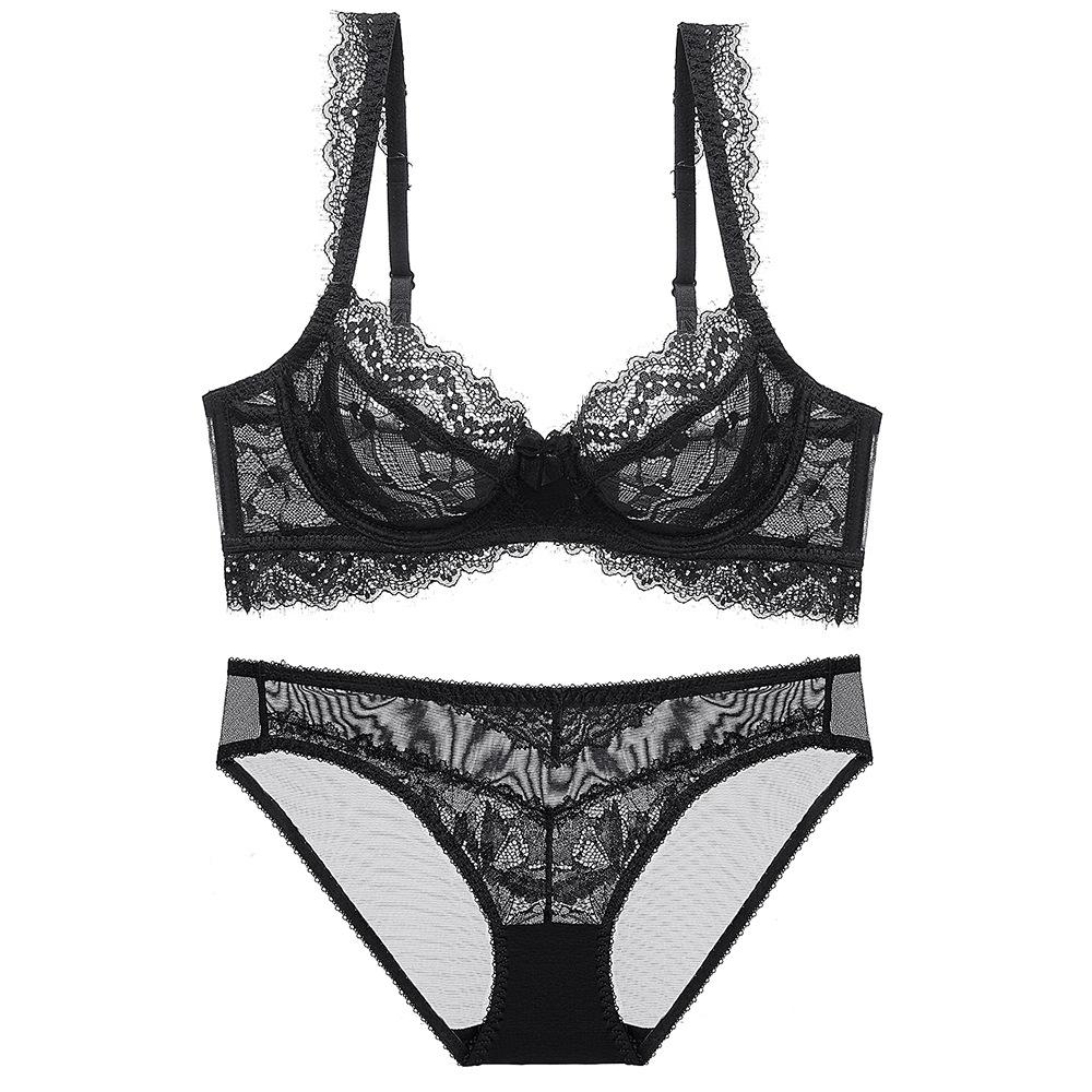 Ultra-thin sponge-free transparent bra, big chest and small lace bra, women's sexy underwear, bra set.