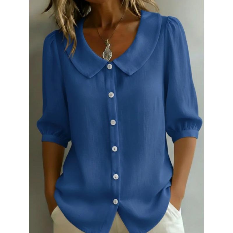 

women s Solid Peter Pan Collar Puff 3/4 Sleeve Button Down Loose Blouse Casual Shirt Tops 2XL королівський синій колір