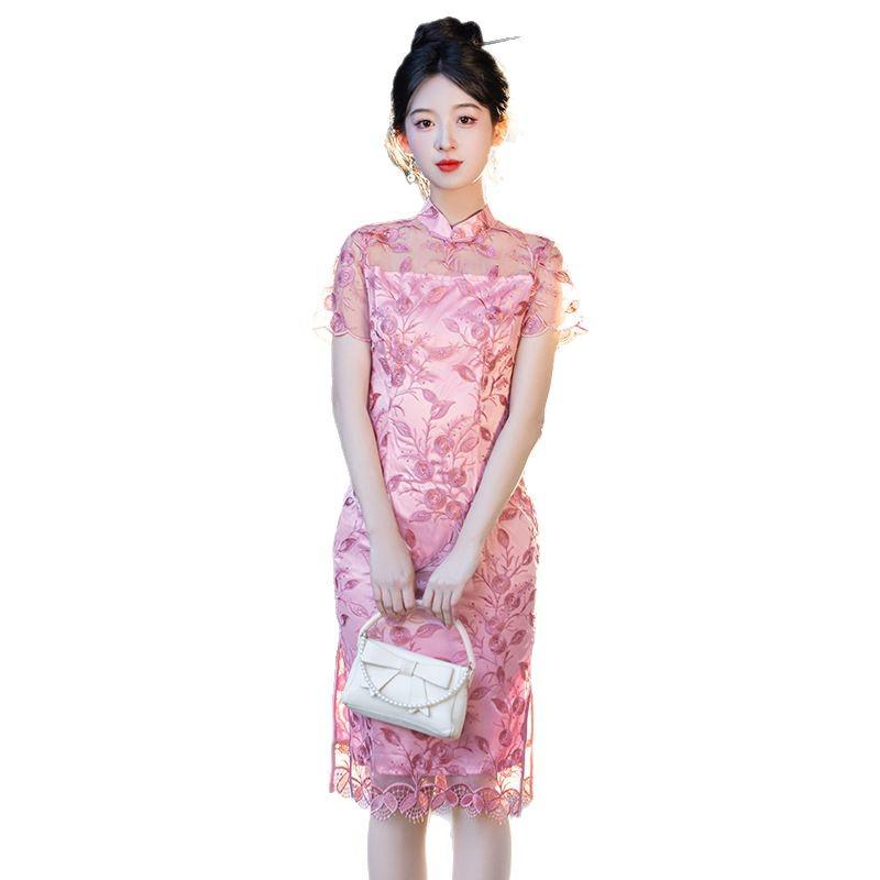 Modern Pink Embroidered Cheongsam Dress - Mid-Length Summer Style