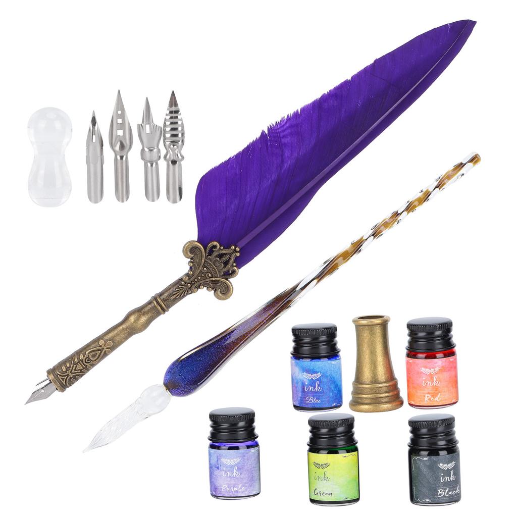 Calligraphy Pen Set Glass Ink Feather Fountain Pen with Replaceable Nib Writing Gift Box KitSP118014 Purple