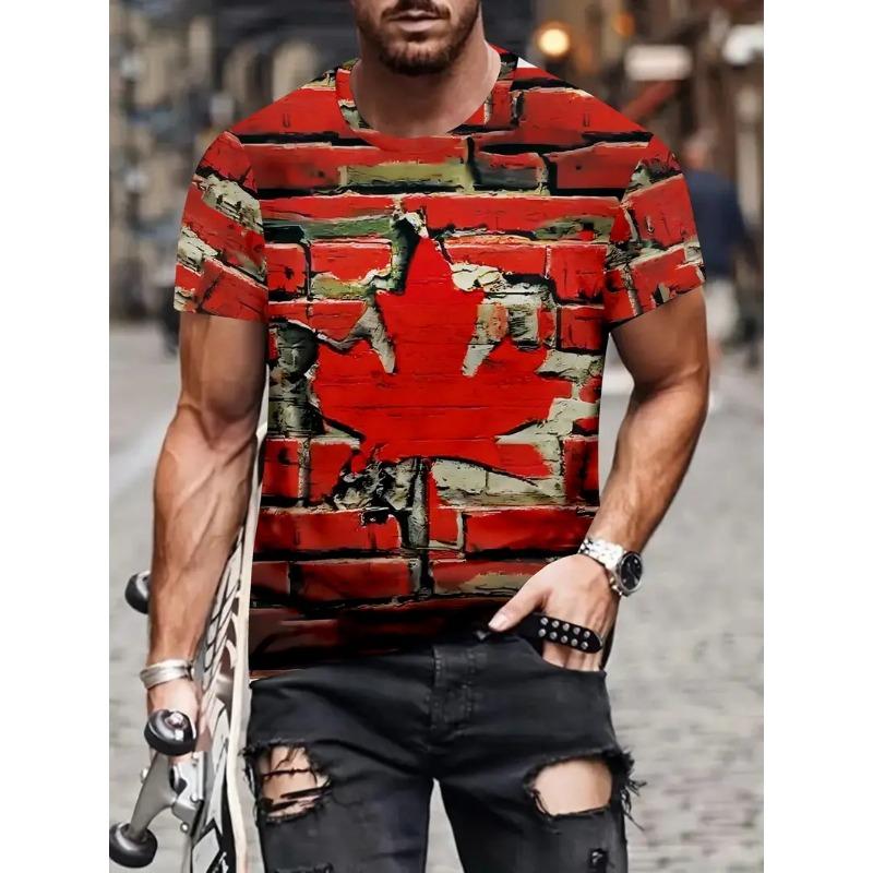 Men'S Canadian Flag & Maple Leaf Print T-Shirt Summer Short Sleeve Tee Shirts With Round Neck