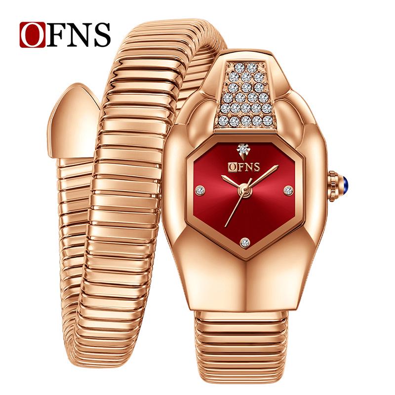 SANDA Women's Luxury Snake Head Bracelet Watch with Roman Mother-of-Pearl Dial, Diamond Accents, English Two-Hand, 30M Water Resistant.