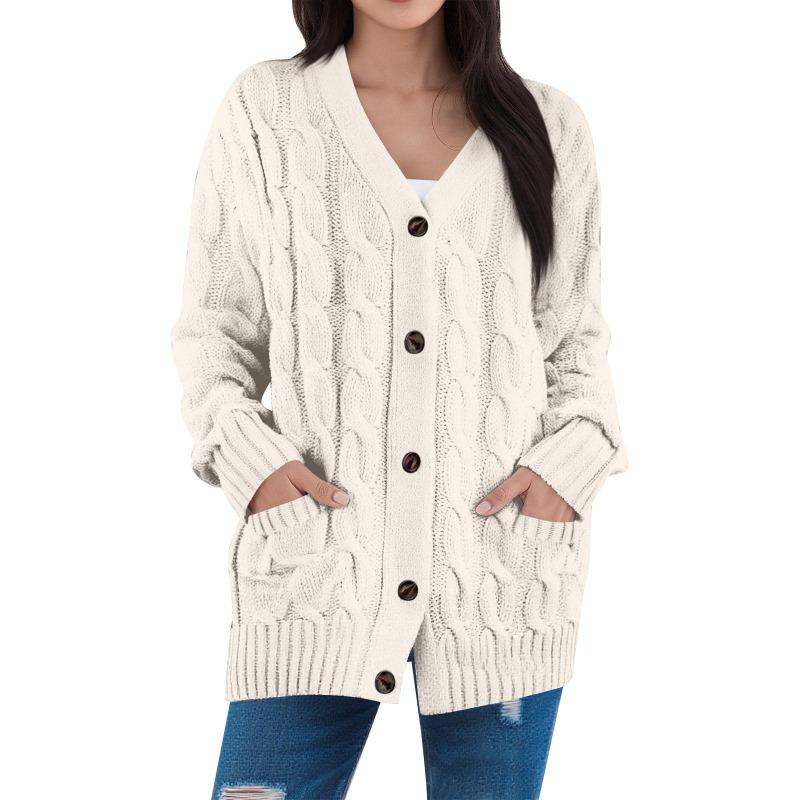 Damenmode Einfarbige Lässige Strickjacke Zopfmuster Knopf Strickjackenpullover