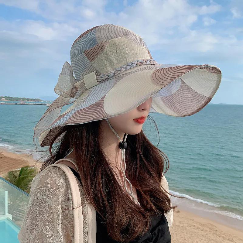 WTEMPO Retro Elegant Wide Brim Mesh Bow Large Sun Hats Women's Summer Casual Versatile Outdoor Beach Holiday Sunshade Hats