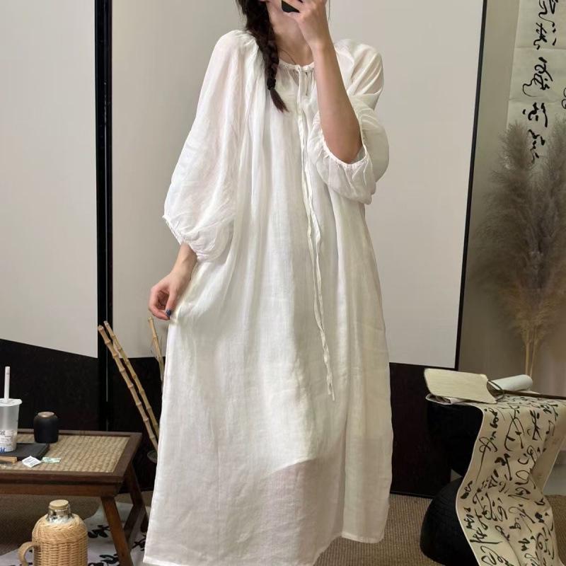 Artistic Cotton Linen Summer Dress for Women Large белый