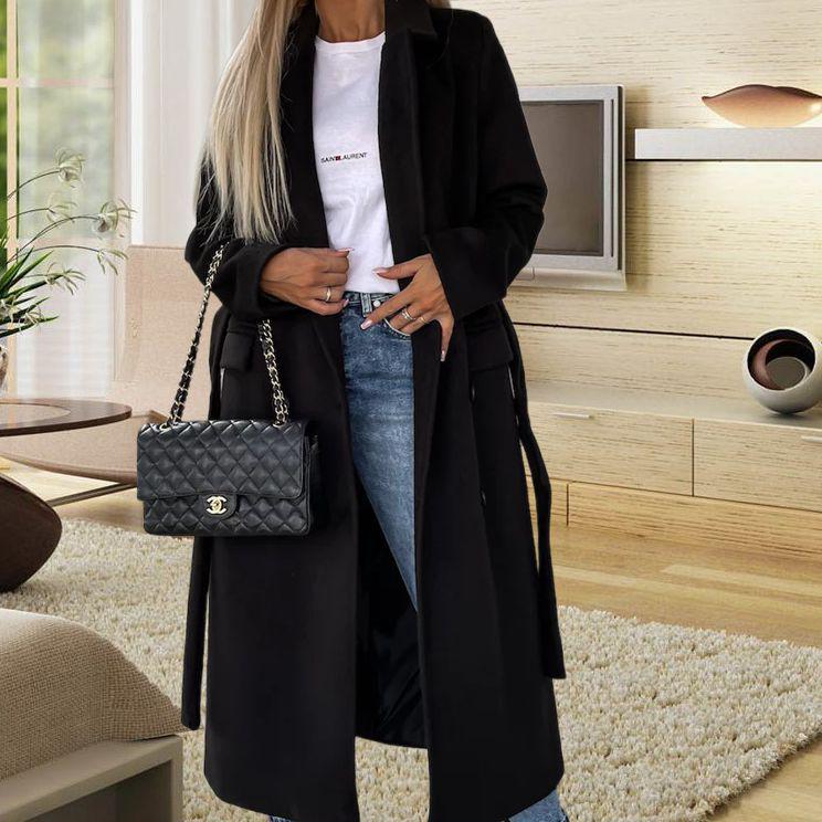 

Жіноче мінімалістичне вовняне пальто 2023 року з довгими рукавами, відкладним коміром та ґудзиками для осені/зими. L чорний