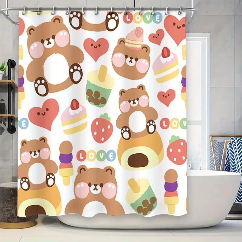 

Animal Print Shower Curtain With Cute Teddy Bears And Love Hearts Polyester Fabric For Bathroom Decor Home Accessories In Multip W60H190(CM)-1 Pcs