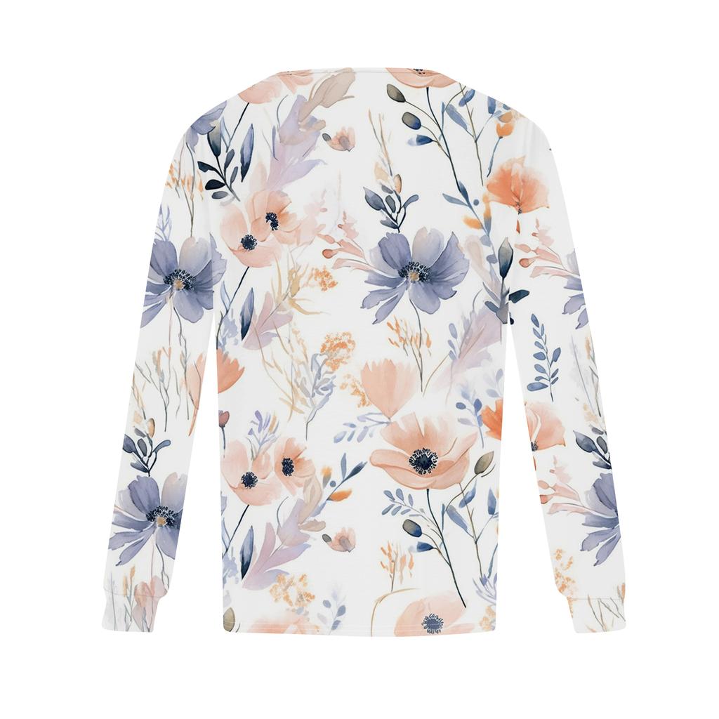 Women's Fashion Casual Pleated Round Neck Vintage Floral Print Long Sleeve T,Shirt Top